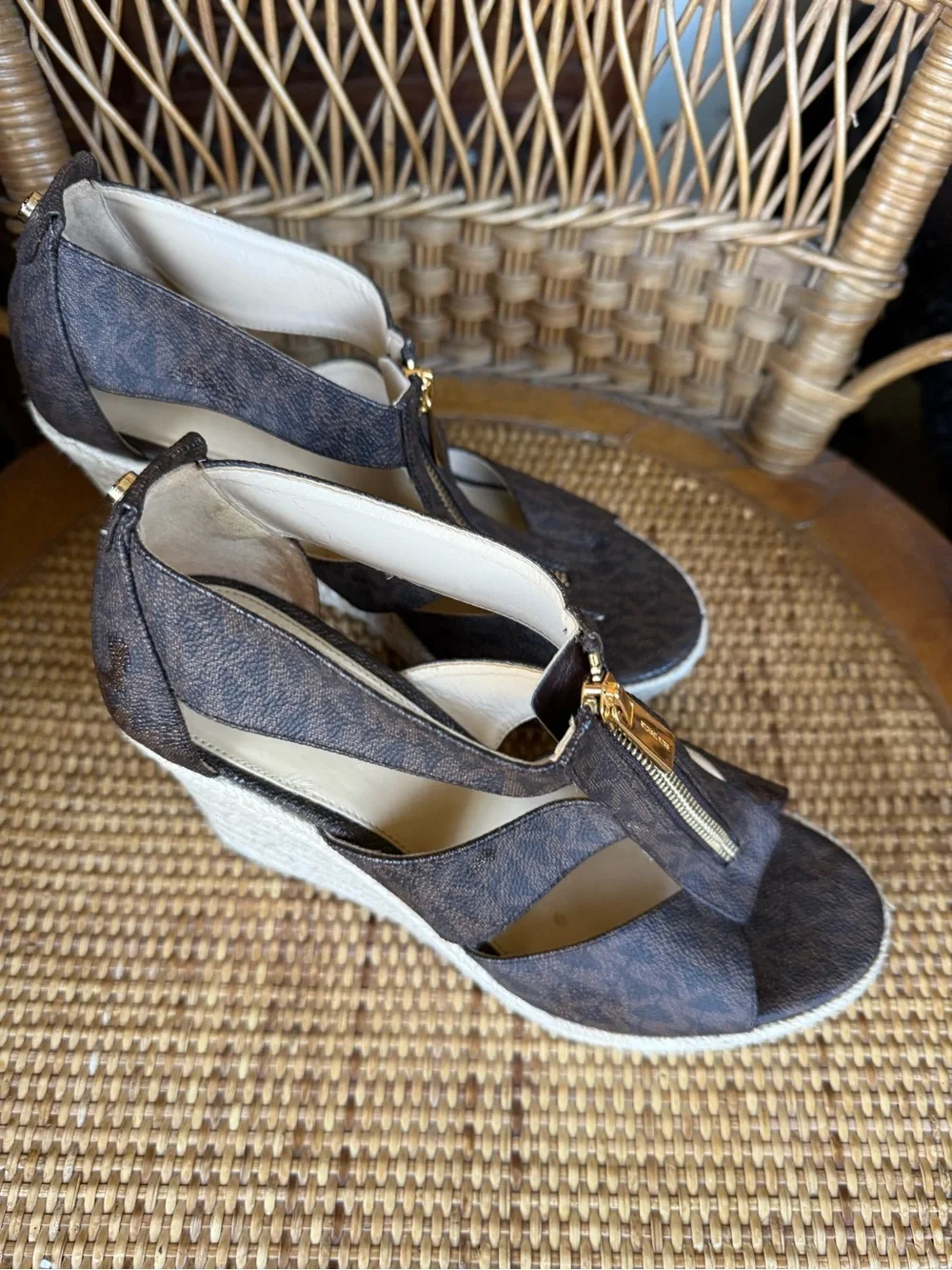 Michael Kors Dark Brown Signature Canvas Espadrille Wedge Sandals with Gold Zip